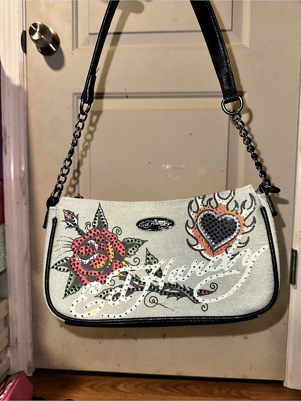 Ed Hardy Floral Shoulder Bag in Black & light denim